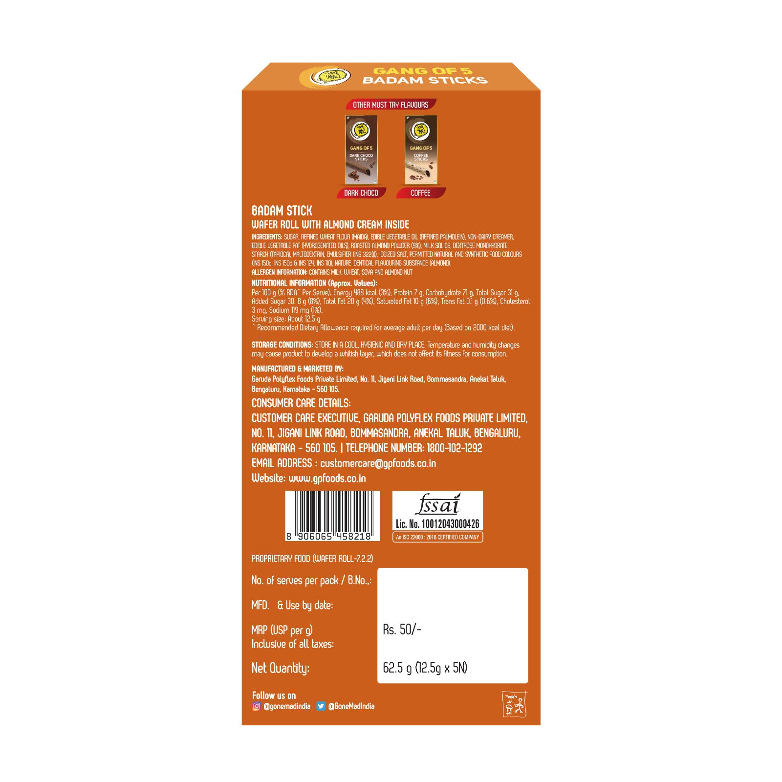 Gone Mad Gan of 5 Badam Sticks – Crispy, Creamy & Delicious Snack, Pack of 3 (187g)